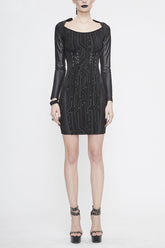 Robe Femme Noire Punk à Manches Longues Imprimé Circuit avec Corde à la Taille